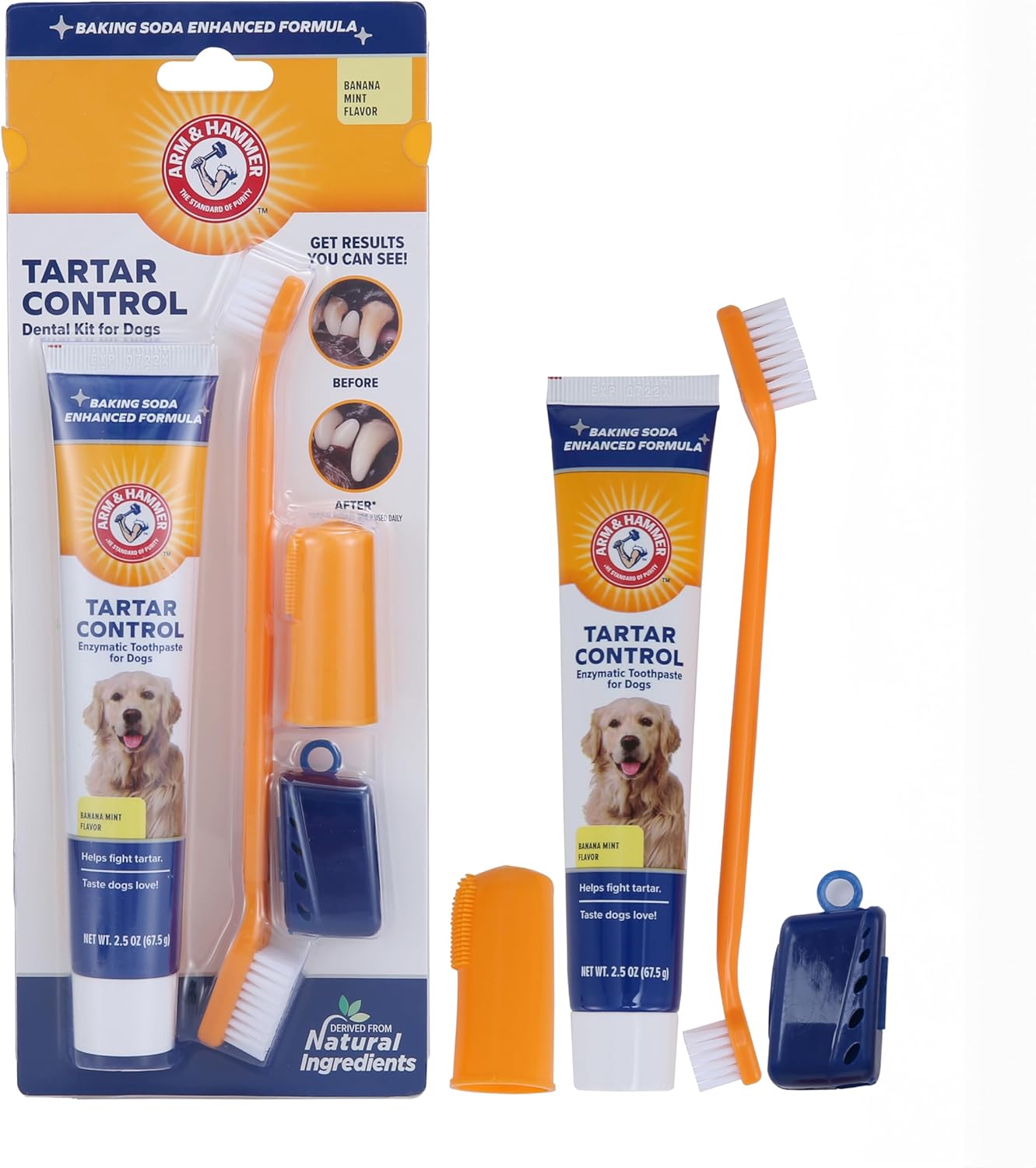 Arm & Hammer for Pets Tartar Control Kit for Dogs Contains Toothpaste, Toothbrush & Fingerbrush Reduces Plaque & Tartar Buildup, 3-Piece Kit, Banana Mint Flavor (Pack of 1)
