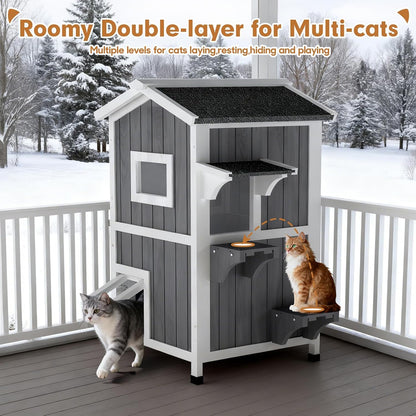 Insulated Outdoor Cat House with Insulated Liner 2 Story Weatherproof Elevated Outside Cat Shelter for Feral Multi Cat