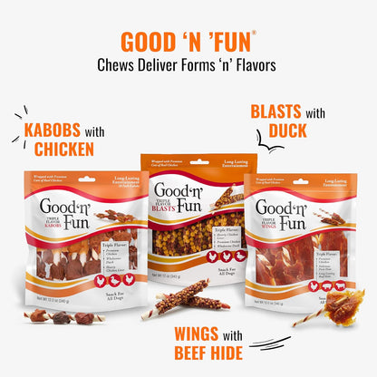 Good ‘n’ Fun Triple Flavor Kabobs Chews for All Dogs, 24 Ounces, Treat Your Dog to Chews Made from Beef Hide, Real Chicken, Pork Hide, Duck and Chicken Liver