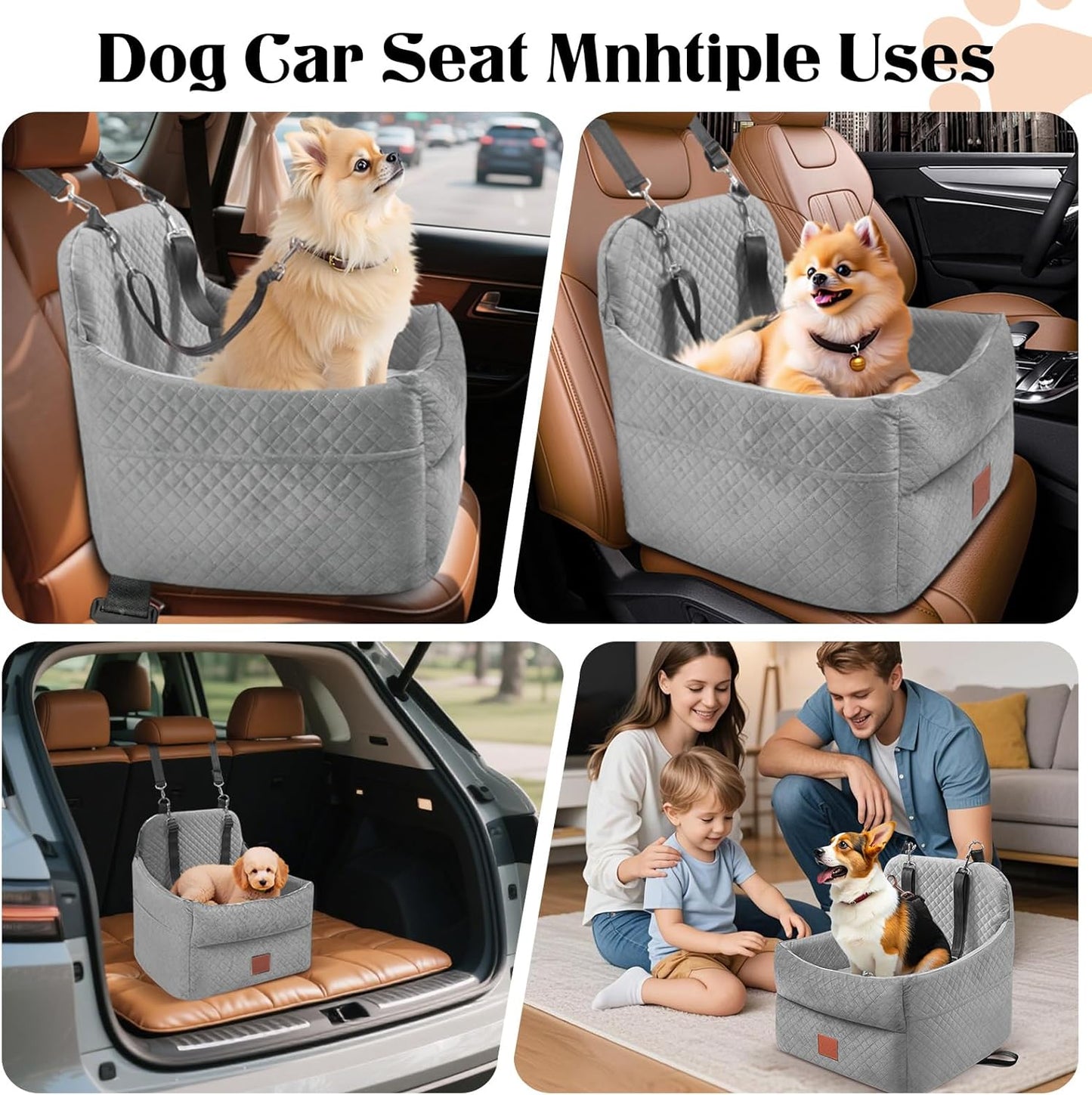 Dog Car Seat for Small/Medium Dogs Under 35lbs, Memory Foam Dog Booster Seats with Washable Removable Cover, Portable Travel-Safe Bed with 2 Safety Belts and Storage Pockets (Grey, Medium)