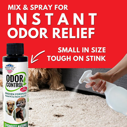 Show Out Odor Control & Urine Smell Remover - Eliminates Odors from Dog, Pet, Horse, Cat, Trailers, Carpet and Homes - Makes 2.5 Gallons of Spray. Pee Odor Destroyer, Eliminator & Enzyme Cleaner