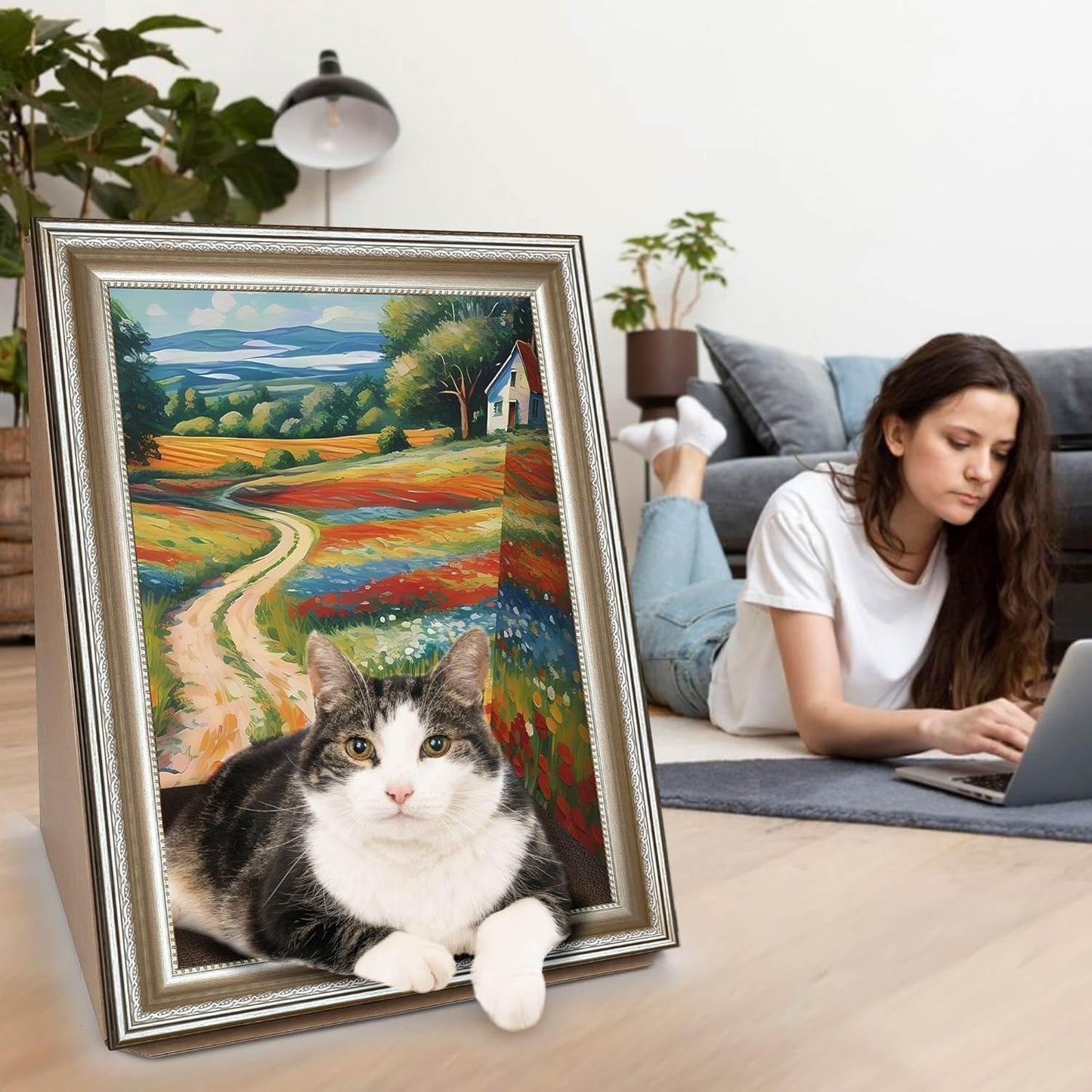 Cat Scratcher, Scratch Pad with Oil Painting, Furniture Saver Scratching Board, Cardboard Cat Scratcher House with Frame, Large Scratching Pad & Scratcher Bed, Cat Cardboard Scratcher for Indoor Cats