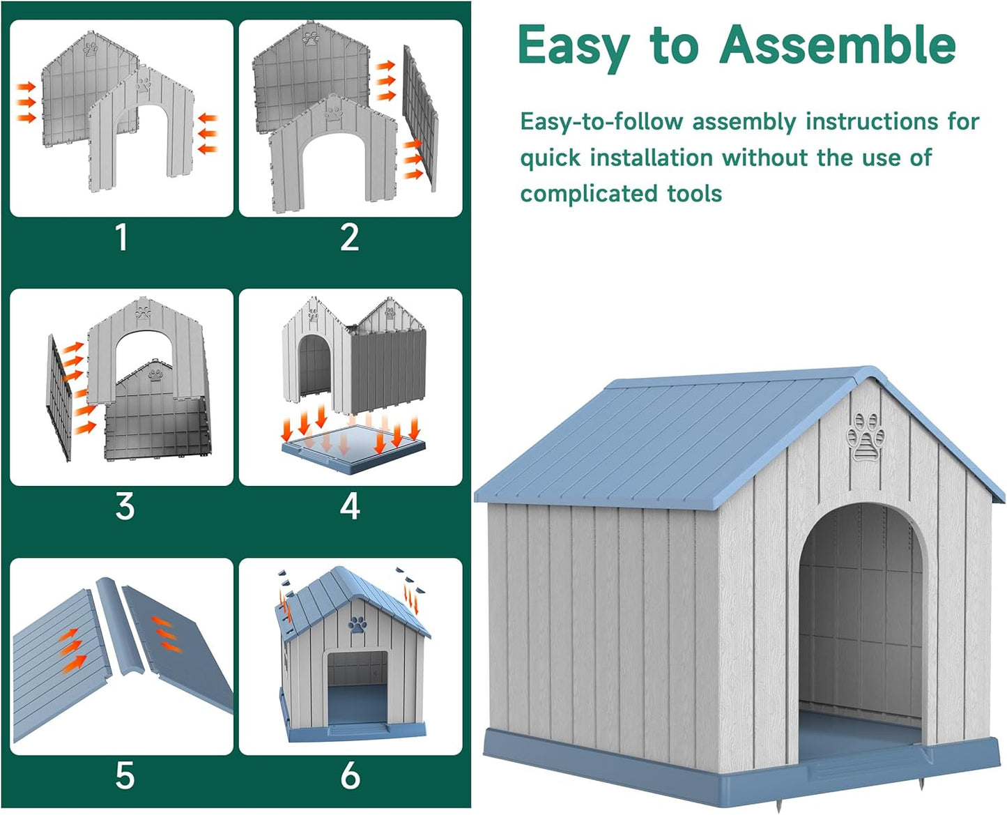 DRATO Large Dog House Indoor Outdoor Waterproof,Puppy Shelter with Air Vents and Elevated Floor,Sturdy Dog Kennel for Small to Large Sized Dogs, Easy to Assemble (Blue, 38.62×36.26×38.07 Inches)