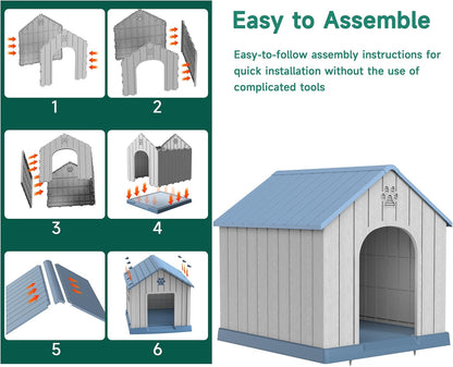 DRATO Large Dog House Indoor Outdoor Waterproof,Puppy Shelter with Air Vents and Elevated Floor,Sturdy Dog Kennel for Small to Large Sized Dogs, Easy to Assemble (Blue, 38.62×36.26×38.07 Inches)