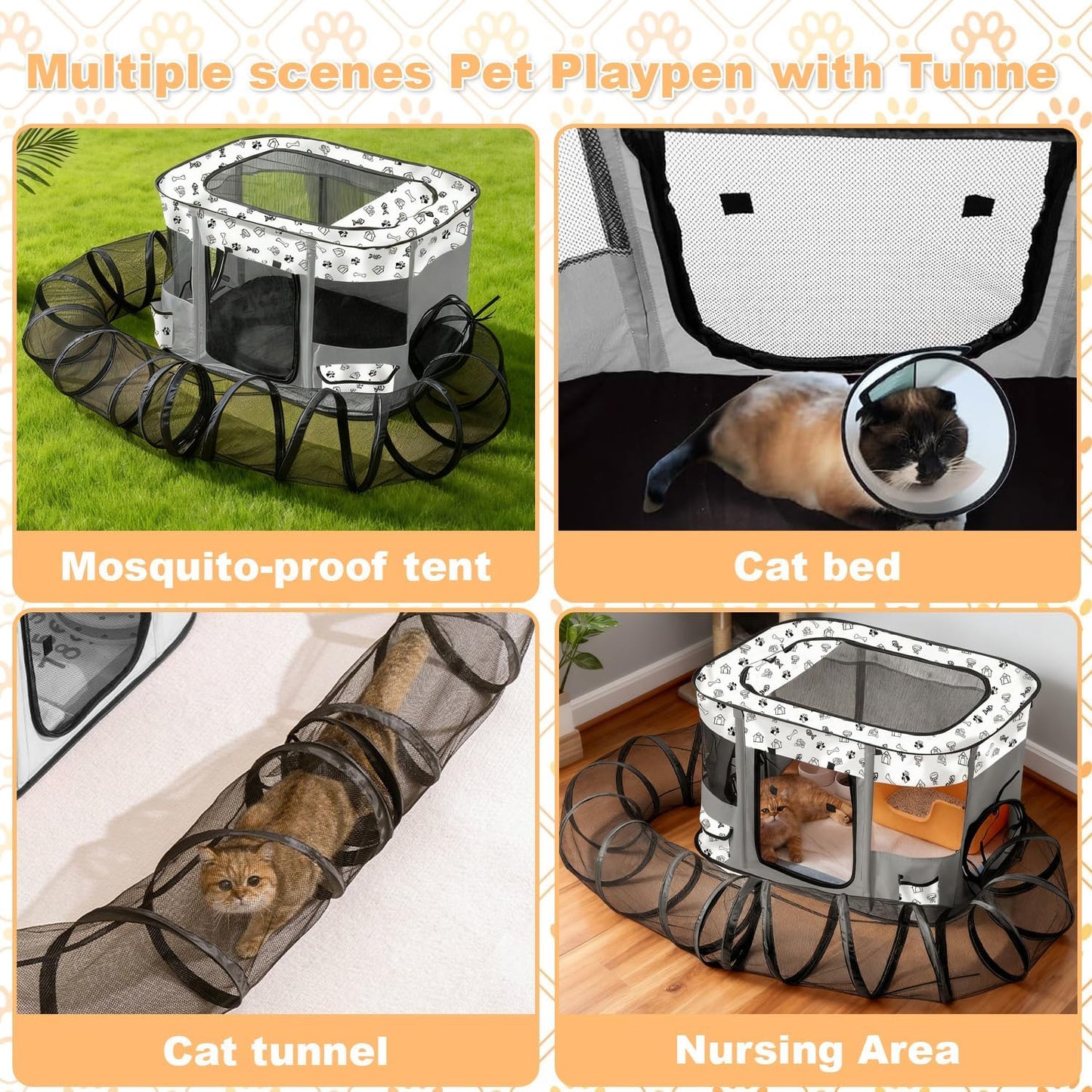 Outdoor Cat Enclosure with Surround Tunnel, Outdoor Pet Playpen Enclosed, Portable Catio Cat Tent with Tunnel for Indoor Cats Small Animals and Puppy, Portable Tent with Carry Bag