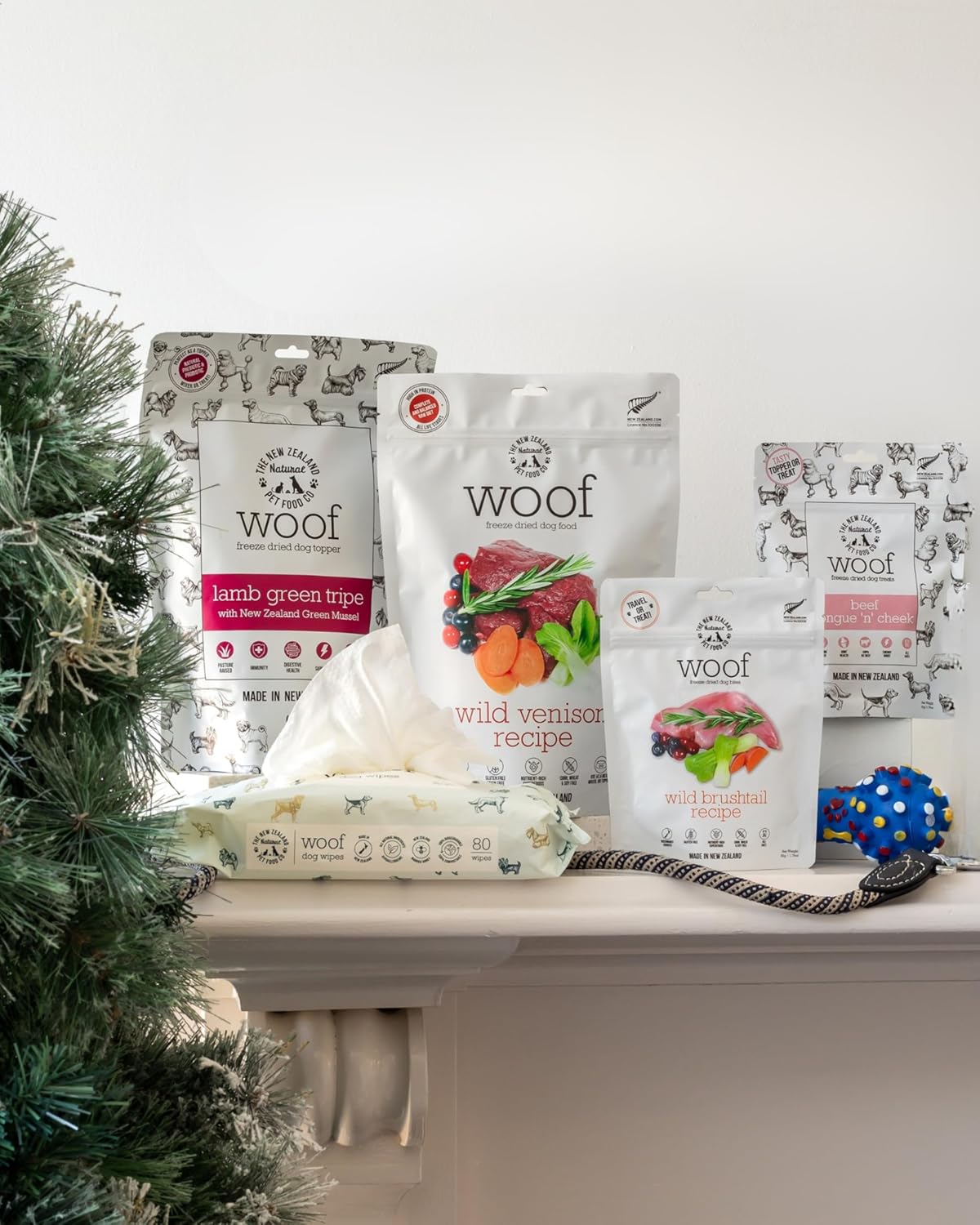 The New Zealand Natural Pet Food Co. – Freeze-Dried Holiday Pet Essentials Bundle (5 Items) – Venison, Brushtail, Tripe Topper, Beef Treats & Manuka Wipes