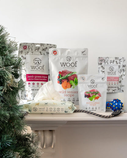 The New Zealand Natural Pet Food Co. – Freeze-Dried Holiday Pet Essentials Bundle (5 Items) – Venison, Brushtail, Tripe Topper, Beef Treats & Manuka Wipes
