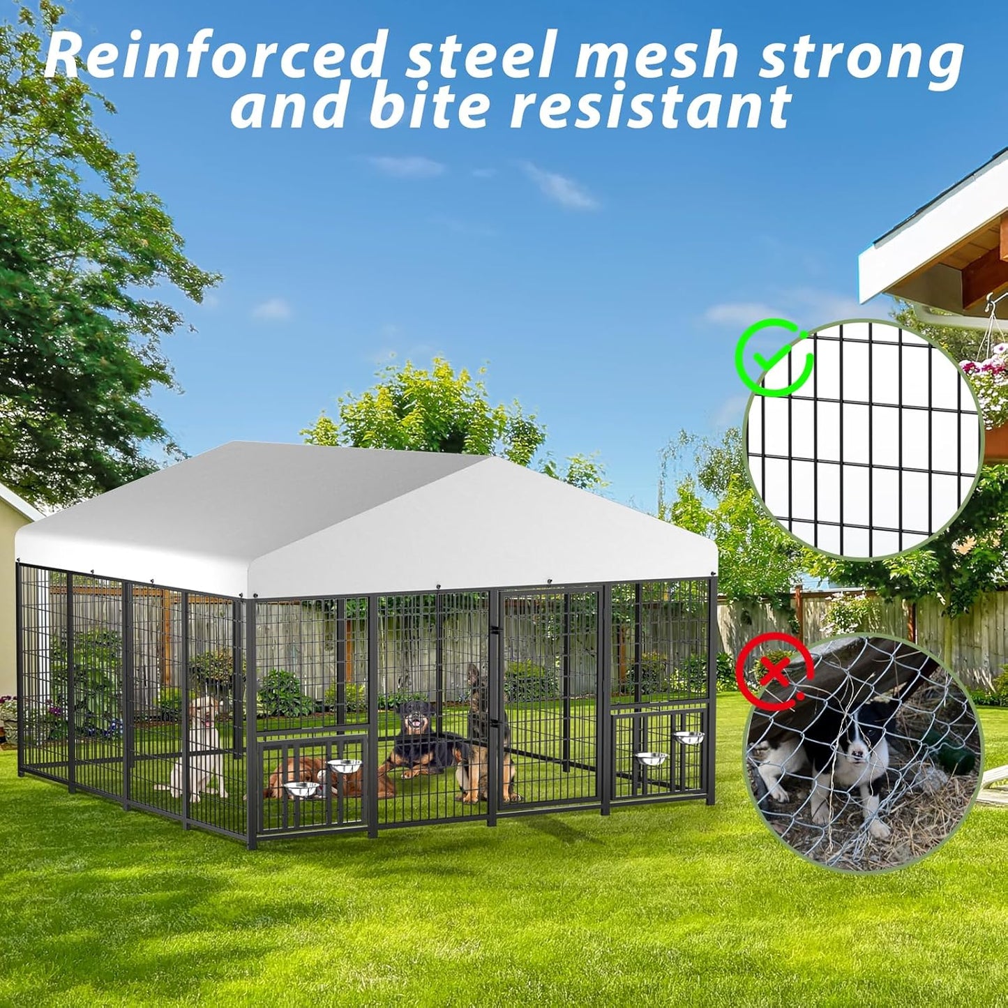 LOVMOR Outdoor Dog Kennel with Roof, Heavy Duty Steel Dog Run Enclosure for Large Dogs, Waterproof Canopy, Double Latch Door, Adjustable Feeding Bowls, Pet Pen for Yard and Patio, 10’L x 10’W x 6.5’H