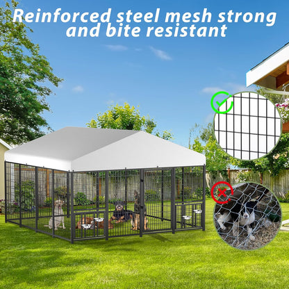 LOVMOR Outdoor Dog Kennel with Roof, Heavy Duty Steel Dog Run Enclosure for Large Dogs, Waterproof Canopy, Double Latch Door, Adjustable Feeding Bowls, Pet Pen for Yard and Patio, 10’L x 10’W x 6.5’H