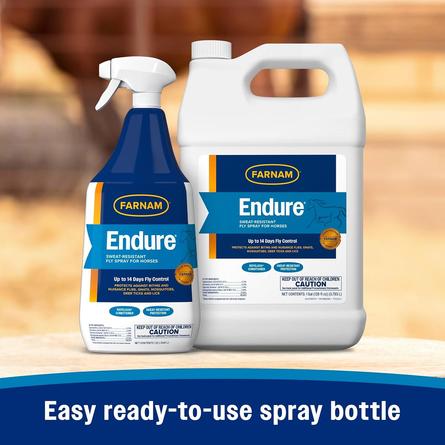 Farnam Endure Sweat-Resistant Fly Spray for Horses, Lasts Up to 14 Days, Protects Against Flies, Gnats, Mosquitoes, Ticks & Lice, 32 oz.