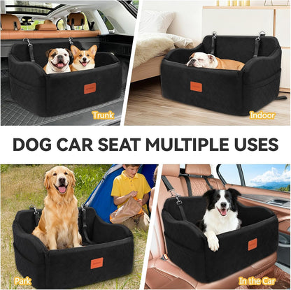 Dog Car Seat for Medium/Large Dogs, Memory Foam Pet Booster Seat for Under 55 lbs or 2 Small Dogs, Detachable Washable Dog Car Bed for Backseat with 2 Safety Leashes and Pockets(Black, Large)