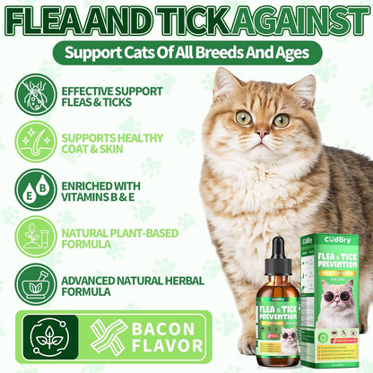 Flea & Tick Support for Cats – Natural Herbal Drops with Multivitamin – Fleas and Ticks Comfort Formula for Cat All Breeds & Ages – Bacon Flavor