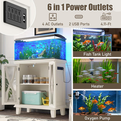 Merax 20 Gallon Fish Tank Stand with Power Outlets(4 AC 2 USB), Farmhouse Decorative Aquarium Stand Furniture with Adjustable Shelves, 10-20 Gallon Reptile Turtle Tank Stand with Cabinet Storage