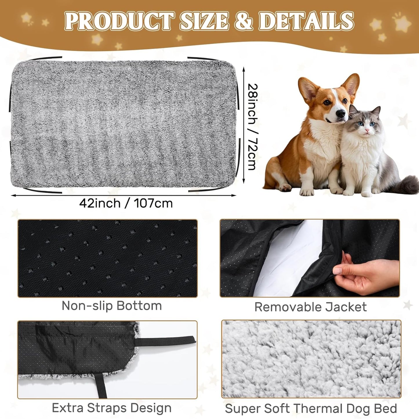Large Self-Warming Dog Cot Pad for Elevated Dog Beds Extra Warm Thermal Pet Pad Mat with Corner Straps 28x42inch Removable Washable Cover Non-Slip Bottom