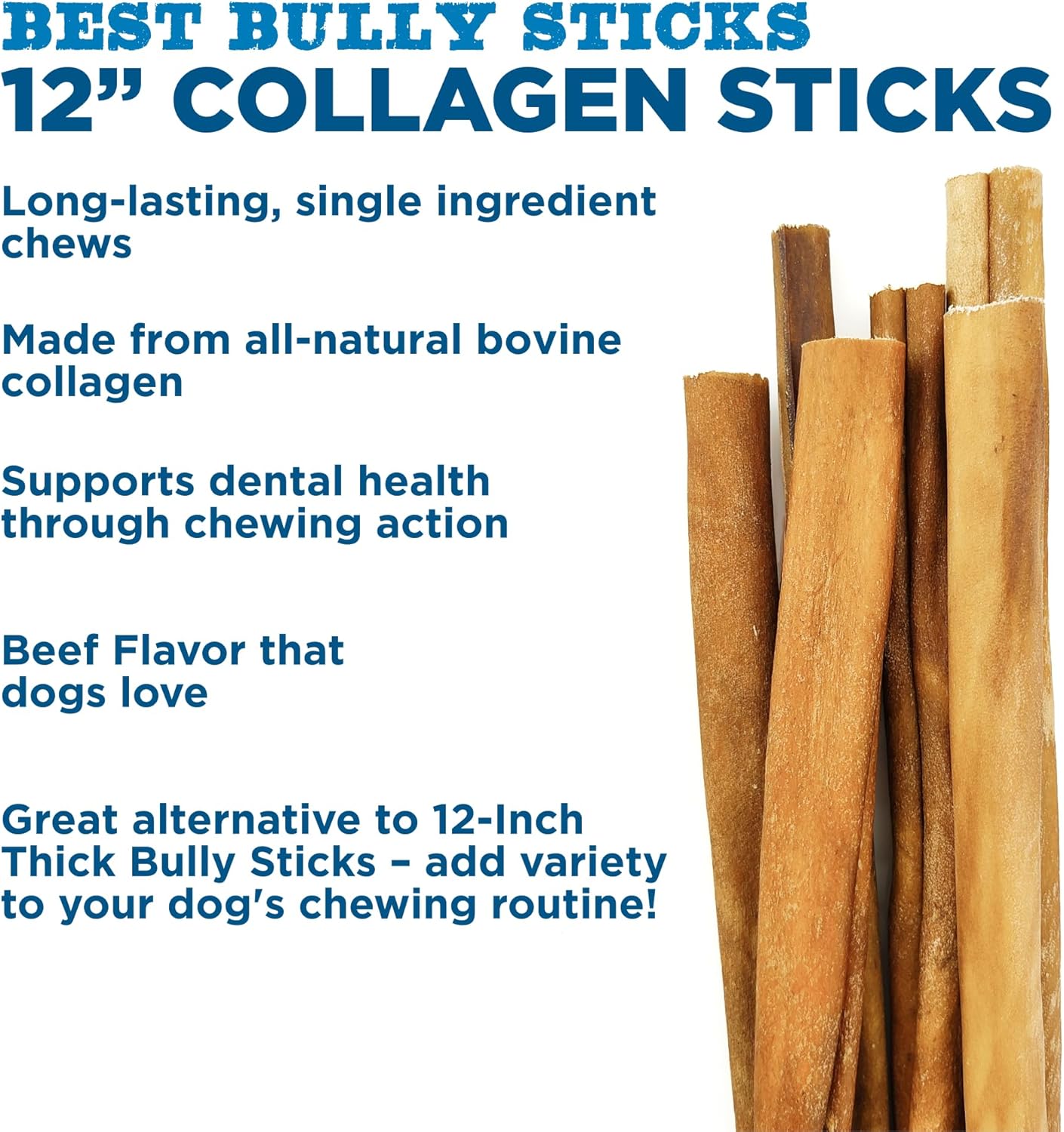 Best Bully Sticks 12 Inch Natural Collagen Sticks for Dogs - 5 Count (Pack of 1) - Long-Lasting, Rawhide Free, Beef Treat