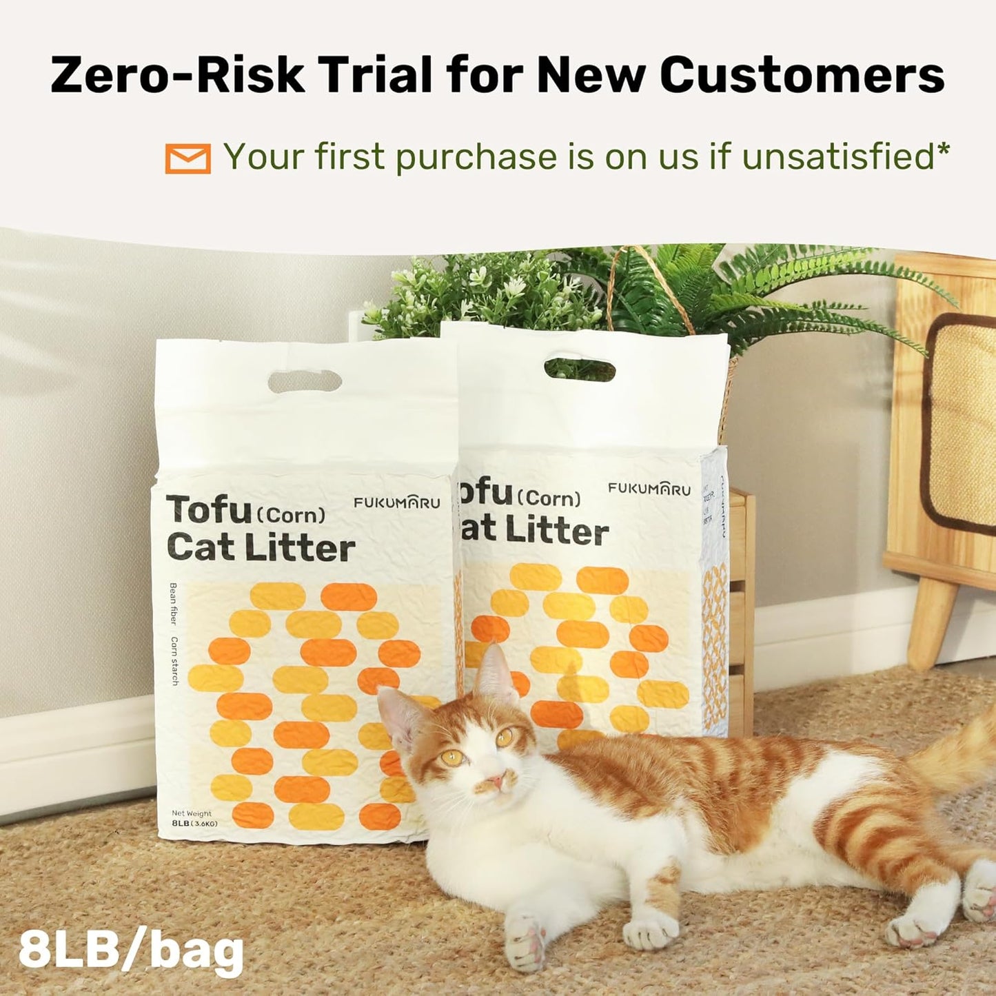 FUKUMARU Tofu Cat Litter, 16lb Fast Clumping & Superior Odor Control, Natural Corn Scent, Dust-Free, Flushable, Low Tracking, Ultra Absorbent, Lightweight, 8lb x 2 Bags