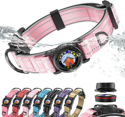 Airtag Dog Collar, IPX8 Waterproof Air Tag Dog Collars Holder | Reflective Ultra-Durable | Soft Padded | Lock Buckle | Heavy Duty | Fit Large Dogs(Pink,L(15"～24"))