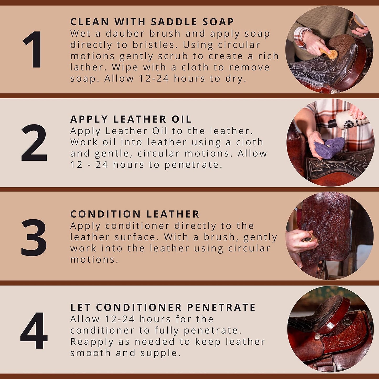 Horse Tack Kit - Includes: Saddle Soap for Leather & Conditioner - Leather Oil - Brushes - Cloth. Horse Supplies for Saddles, Bridles, Boots, Reins - Proudly Made in The USA (Not China)