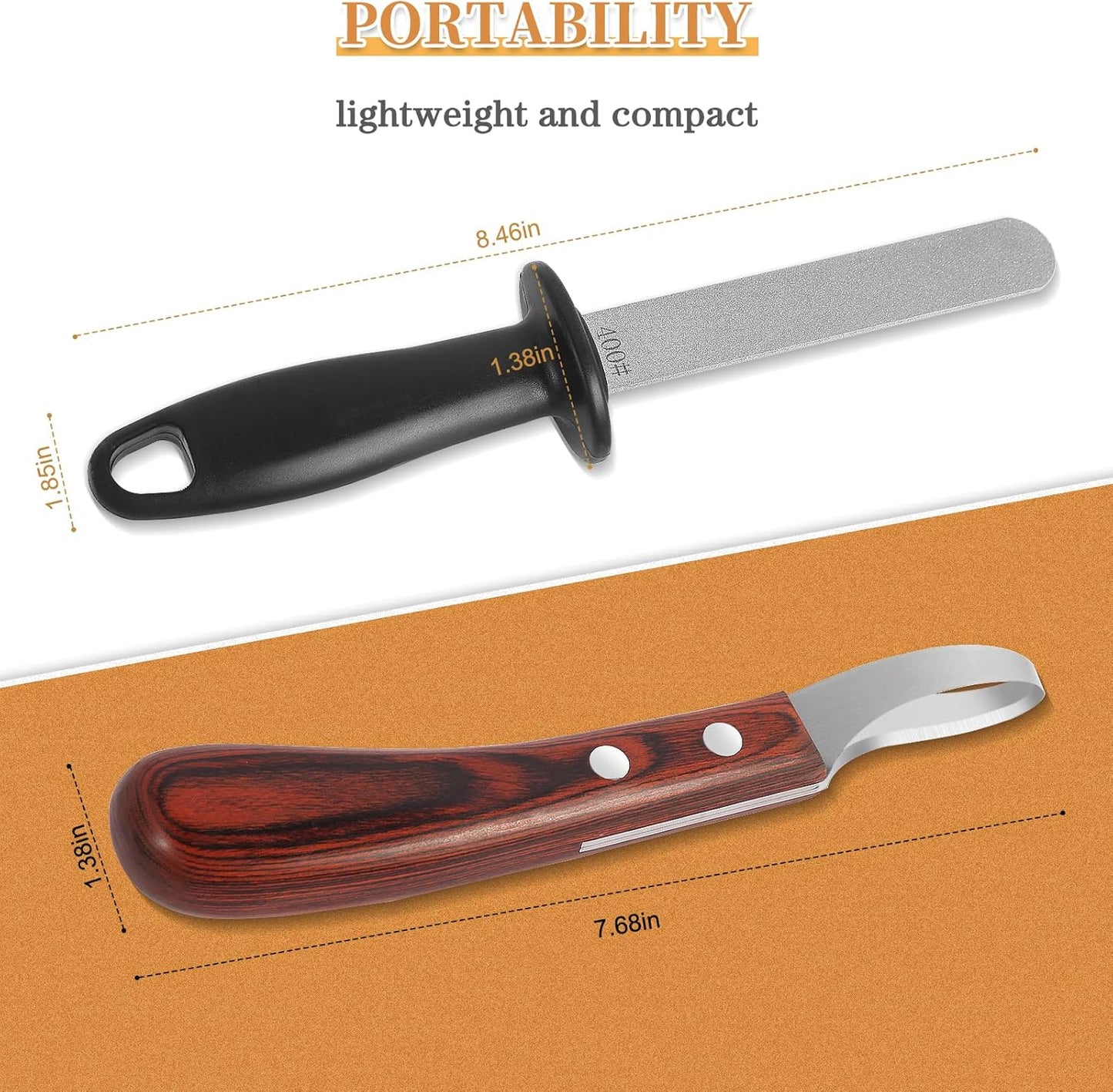 Hoof Knife with Sharpener,Farrier Tool Kit,Double Edged Hoof Trimming Knife with Wooden Handle, High-Carbon Steel Blade Hoof Knife for Horses