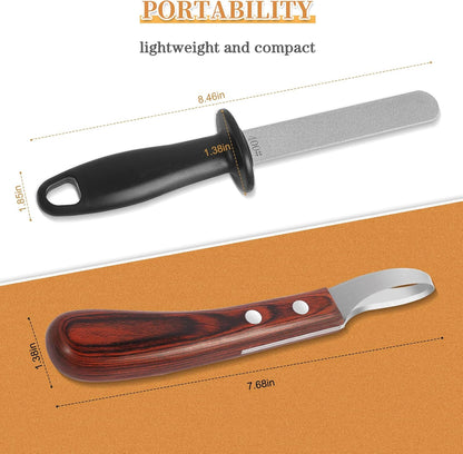 Hoof Knife with Sharpener,Farrier Tool Kit,Double Edged Hoof Trimming Knife with Wooden Handle, High-Carbon Steel Blade Hoof Knife for Horses