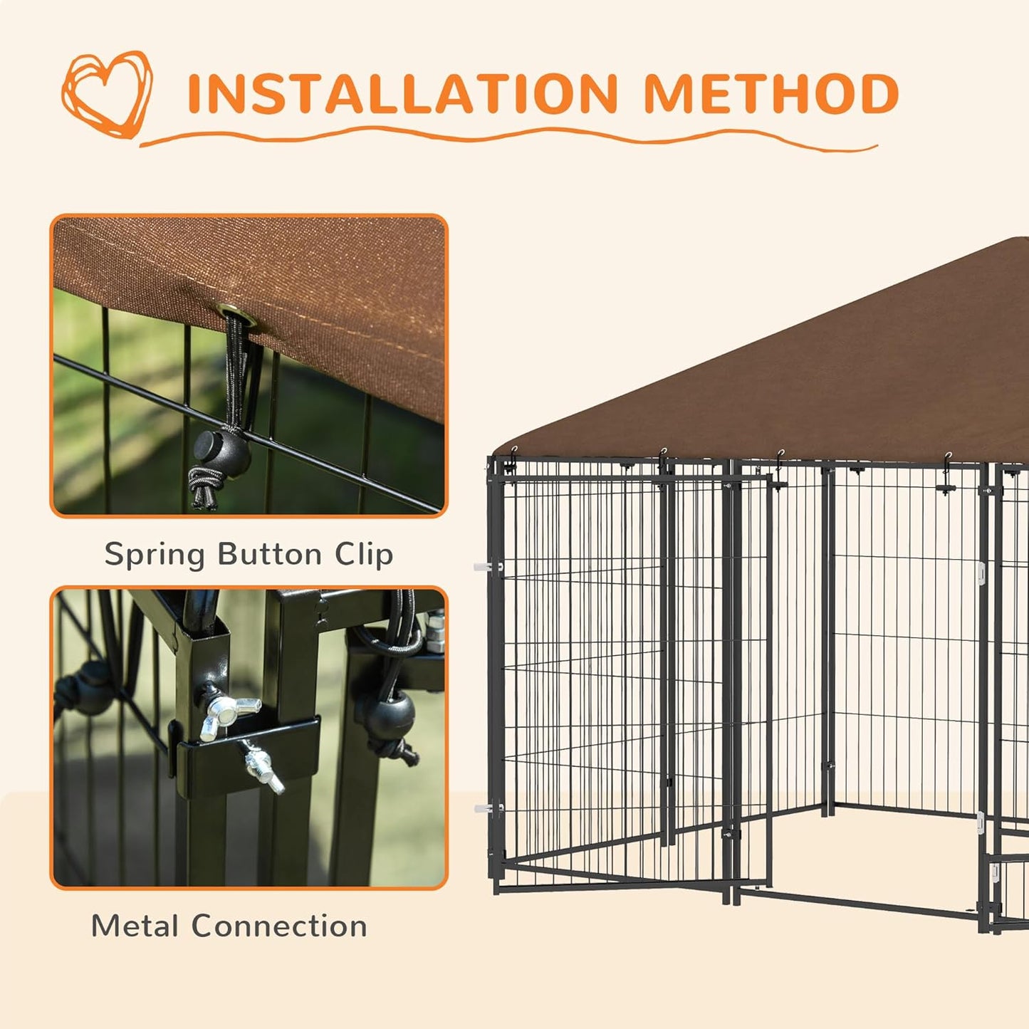 PawHut Outside Dog Kennel, 6.9' x 4.6' x 5' Puppy Play Pen with Canopy, Garden Playpen Fence Crate Enclosure Cage Rotating Bowl, for Dogs, Chickens, Ducks, Black
