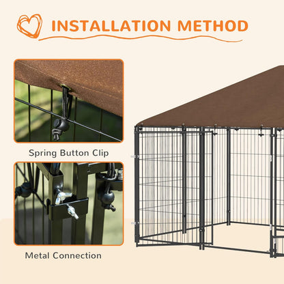 PawHut Outside Dog Kennel, 6.9' x 4.6' x 5' Puppy Play Pen with Canopy, Garden Playpen Fence Crate Enclosure Cage Rotating Bowl, for Dogs, Chickens, Ducks, Black