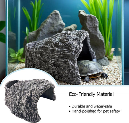 Extra Large Reptile Hide Cave, Resin Rock Habitat Decor, Basking Platform for Terrarium & Aquarium, Oversize Hideout for Bearded Dragons, Lizards, Snakes, Turtles (10.23" L x 9.44" W x 5.7" H)
