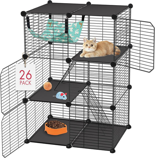 Cat Cage, 3-Tier DIY Catio Cat Enclosures, 24" x 16" x 36" Cat Playpen Indoor & Outdoor with Hammock, Detachable Metal Wire Kennel Cats Crate, 2x1x3 Exercise Place for 1-2 Cats/Kitten