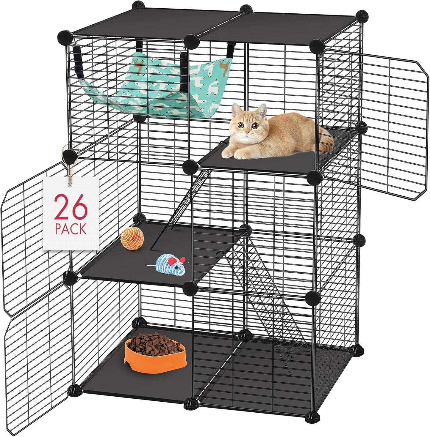 Cat Cage, 3-Tier DIY Catio Cat Enclosures, 24" x 16" x 36" Cat Playpen Indoor & Outdoor with Hammock, Detachable Metal Wire Kennel Cats Crate, 2x1x3 Exercise Place for 1-2 Cats/Kitten