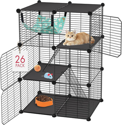 Cat Cage, 3-Tier DIY Catio Cat Enclosures, 24" x 16" x 36" Cat Playpen Indoor & Outdoor with Hammock, Detachable Metal Wire Kennel Cats Crate, 2x1x3 Exercise Place for 1-2 Cats/Kitten
