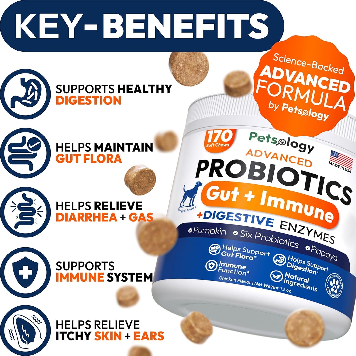 Probiotics for Dogs - 170 Dog Probiotics Chews - Digestive Enzymes & Prebiotics - Support Gut Health, Diarrhea, Gas & Constipation Relief - Itchy Skin, Allergies, Yeast Balance - Advanced Supplement