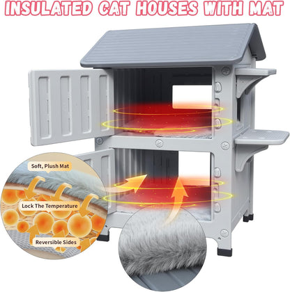 Plastic 2 Story Outdoor Cat House with Soft Mat,Cat House for Outdoor Cats with Escape Door, Waterproof Outside Cat Shelter, Clean and Assemble Easily