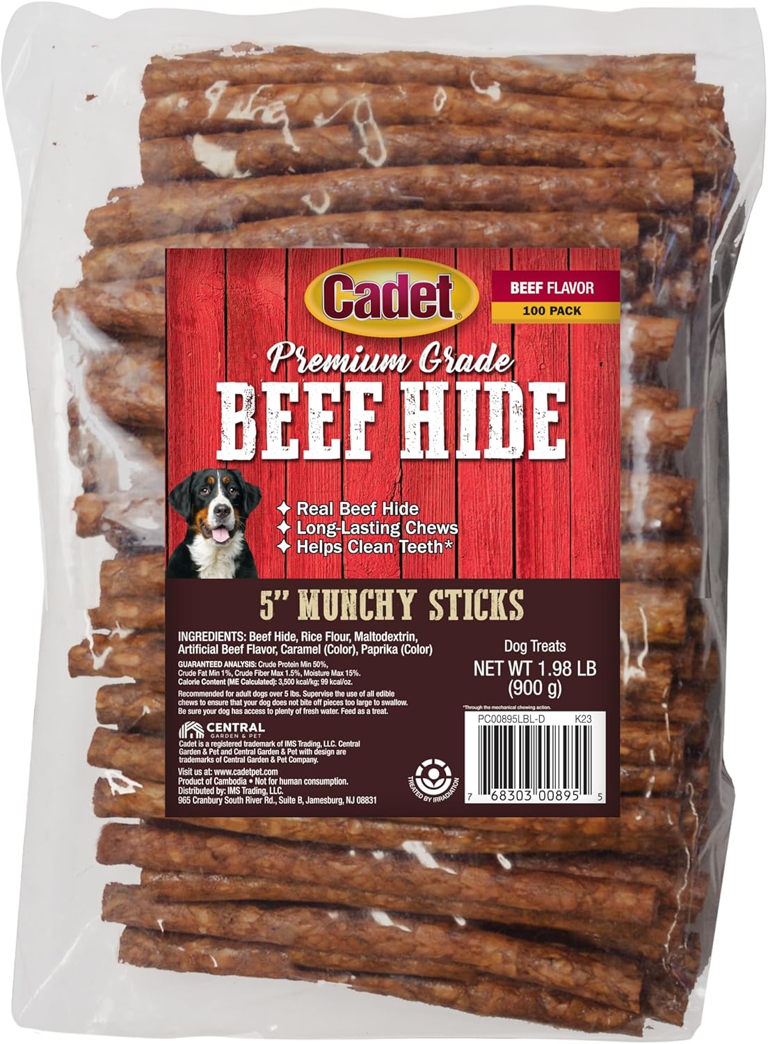 Cadet Premium Grade Beef Hide for Dogs, Long-Lasting Munchy Chew Sticks, Single-Ingredient Rawhide Dog Chews, 5-Inch, 100 Count