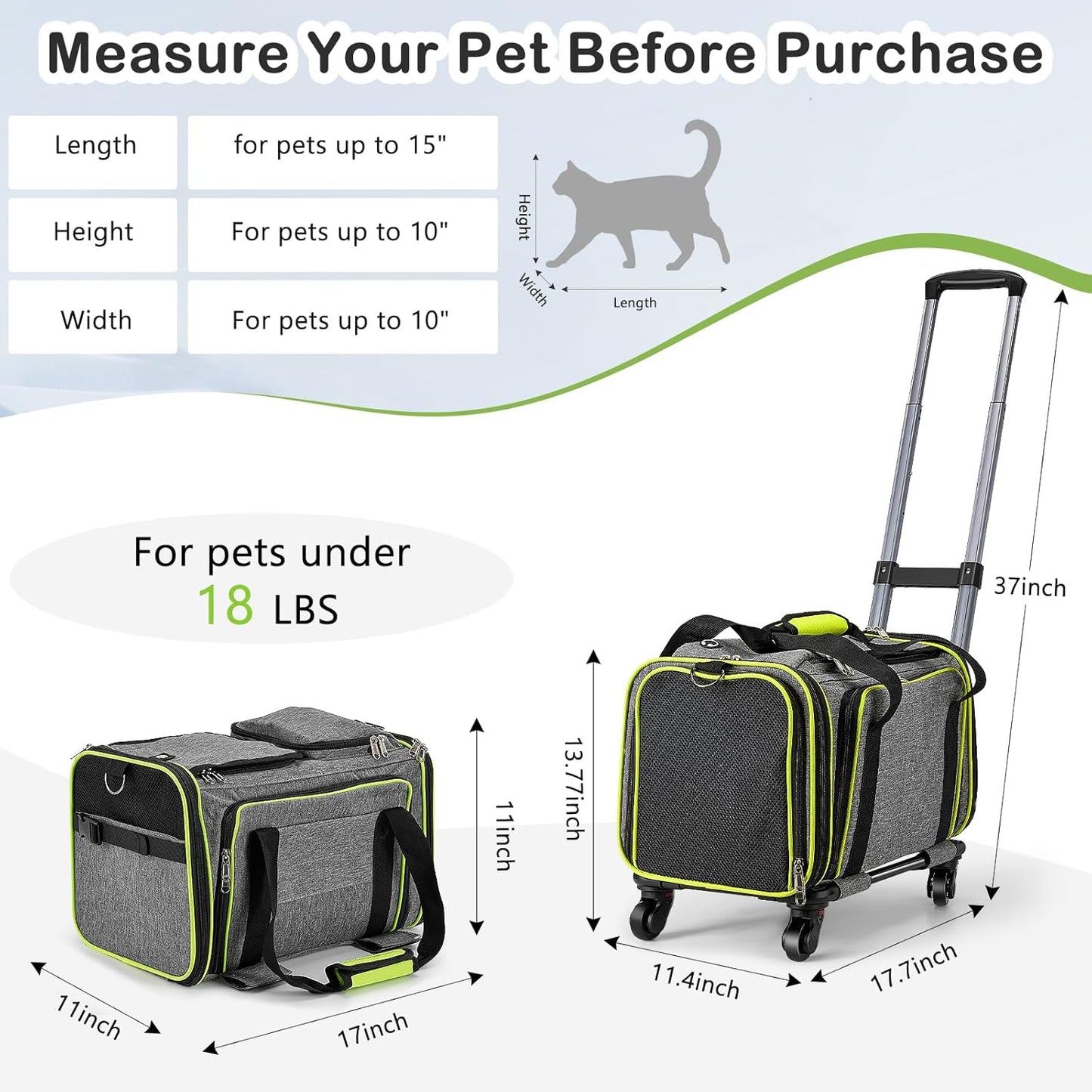 Cat Carrier with Wheels Under 18 lbs, Rolling Pet Carrier TSA Airline Approved for Kitty and Small Dog, Cat Bag Carrier,Expandable Soft Sided Pet Carrier for Travel, Camping and Trip