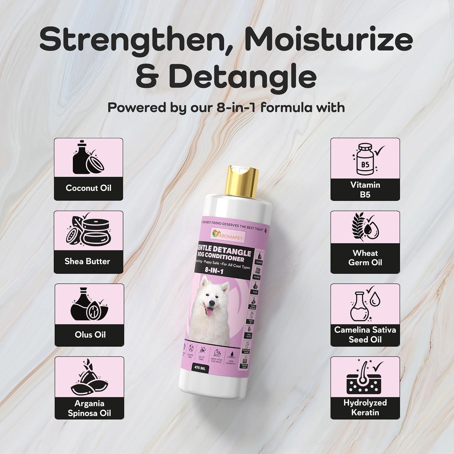 Gentle Detangle Dog Conditioner – 8-in-1 Leave-in Moisturizing Formula | Puppy Safe | Detangles & Softens Fur | 475 ml | for All Coat Types
