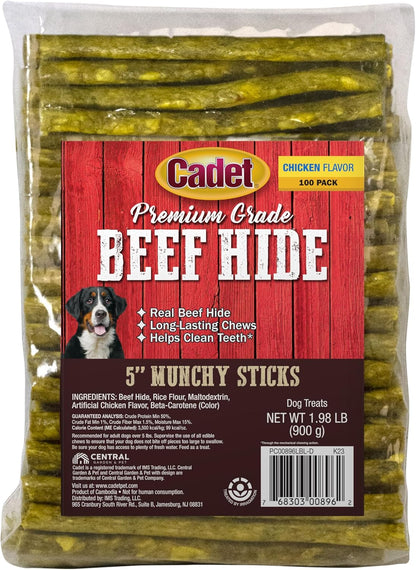Cadet Premium Grade Rawhide for Dogs, Long-Lasting Munchy Sticks, Single-Ingredient Dog Chews, Chicken Flavor, 5-Inch, 100 Count