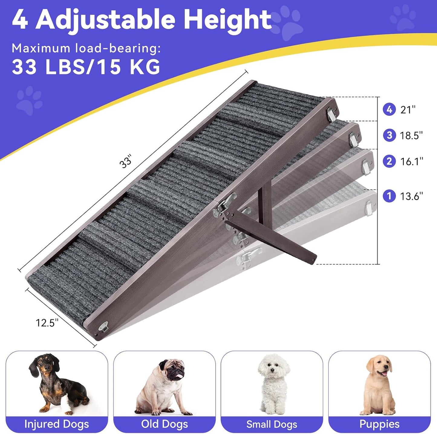 2025 Upgraded Dog Ramp for Couch, Foldable Small Dog Ramp for Low Bed, 4 Adjustable Height from 13'' to 21", Portable Stable Pet Step with Non-Slip Pad, Pet Ramps Use for Couch Stairs, Grey Purple