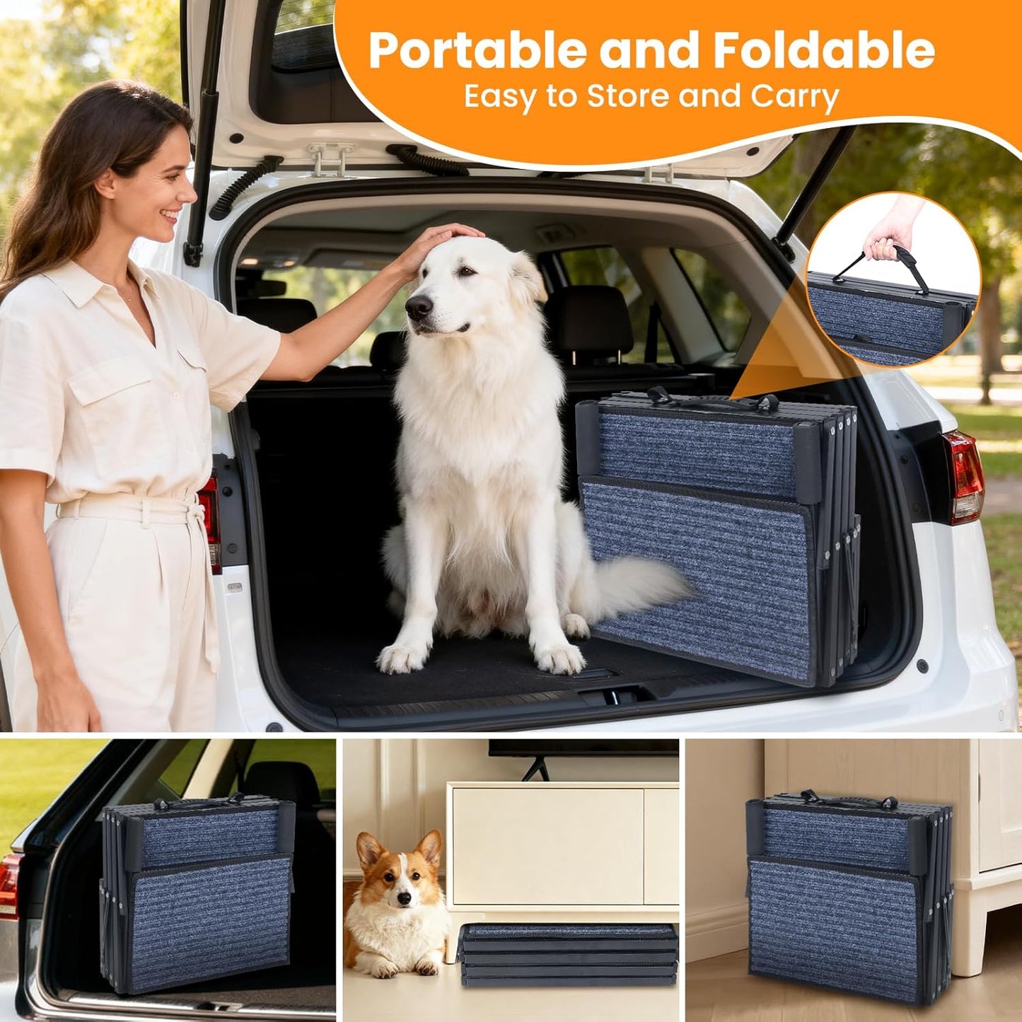 Dog Stairs for Car, 60''x 20'' Extra Wide Stairs for Large Dogs to 250 LBS, Portable Steps with Removable Non-Slip Surface, 4 Steps Foldable Dog Ramp for Car, SUV, High Bed/Couch