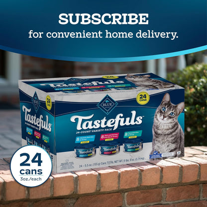 Blue Buffalo Tastefuls Flaked Wet Cat Food Variety Pack, Made with Natural Ingredients, Tuna, Chicken, Fish & Shrimp, 5.5-oz Cans (24 Count, 8 of Each)
