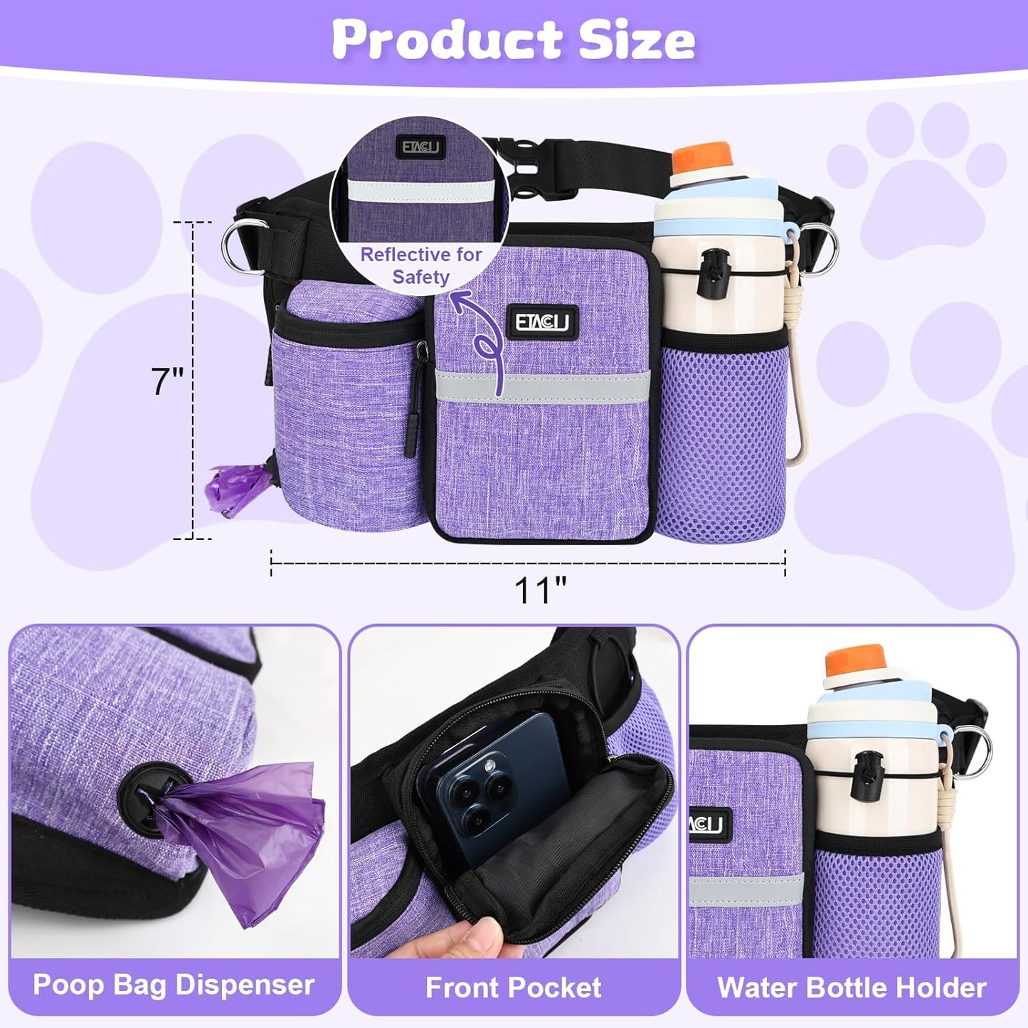 ETACCU Premium Hands Free Dog Leash for 2 Dogs, Adjustable Waist Belt Leash for Dog Walking, Purple (1 Dog Purple)