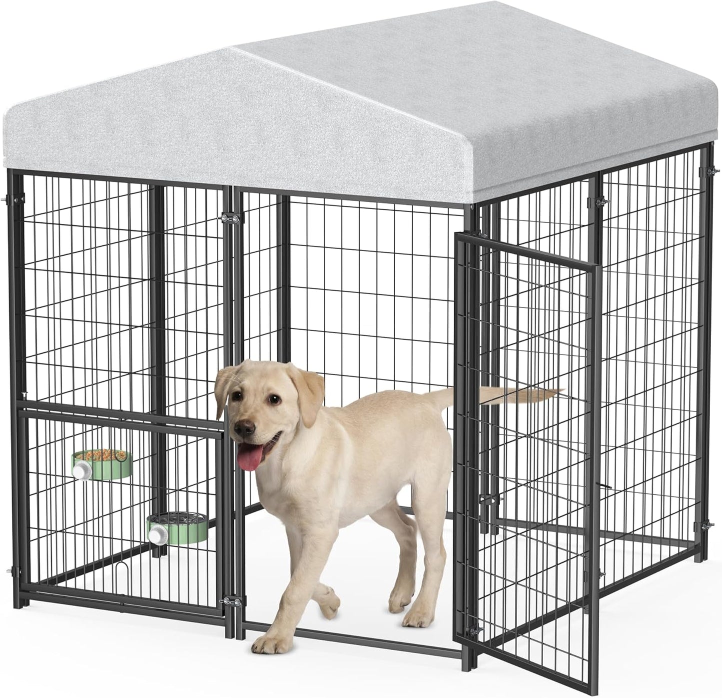 Mr IRONSTONE Large Dog Kennel Outdoor with Water-Resistant Roof Heavy Duty Outside Dog Kennel Pet Pens Dogs Run Enclosure with Rotating Feeder and Secure Lock (4'L x 4'W x 4.4'H)