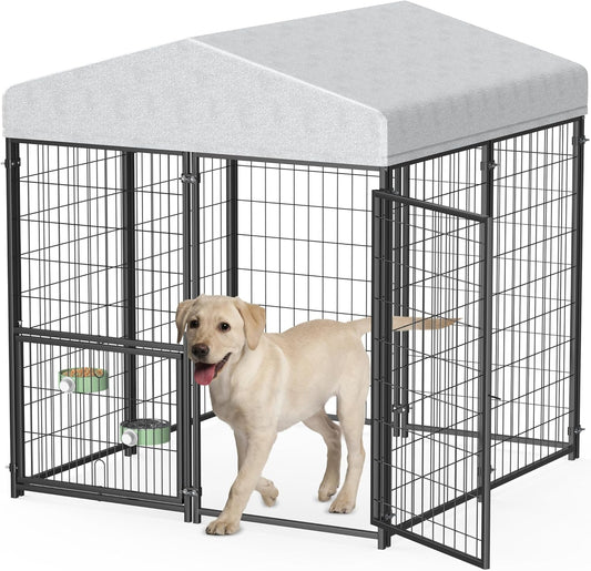 Mr IRONSTONE Large Dog Kennel Outdoor with Water-Resistant Roof Heavy Duty Outside Dog Kennel Pet Pens Dogs Run Enclosure with Rotating Feeder and Secure Lock (4'L x 4'W x 4.4'H)