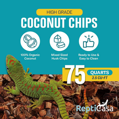 Coconut Chips Substrate Block - Natural, Organic Bedding for Reptiles, Snakes, Tortoise, and Amphibians - Clean, Odor Absorbing, and Expandable up to 75 Quart - Tank Coco Husk