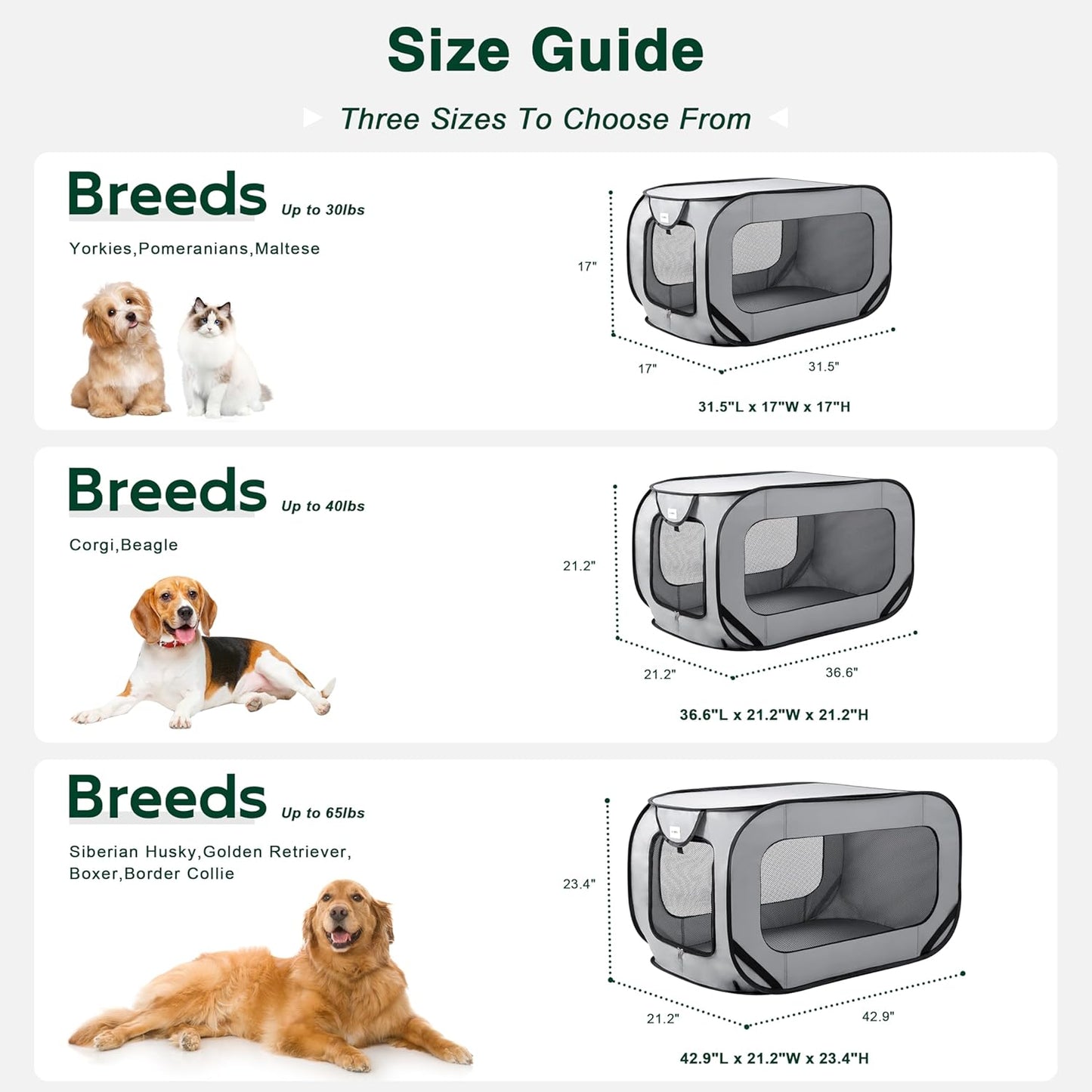 Love's Cabin 36in Portable Large Dog Bed - Pop Up Dog Kennel, Indoor Outdoor Crate for Pets, Portable Car Seat Kennel, Cat Bed Collection, Grey