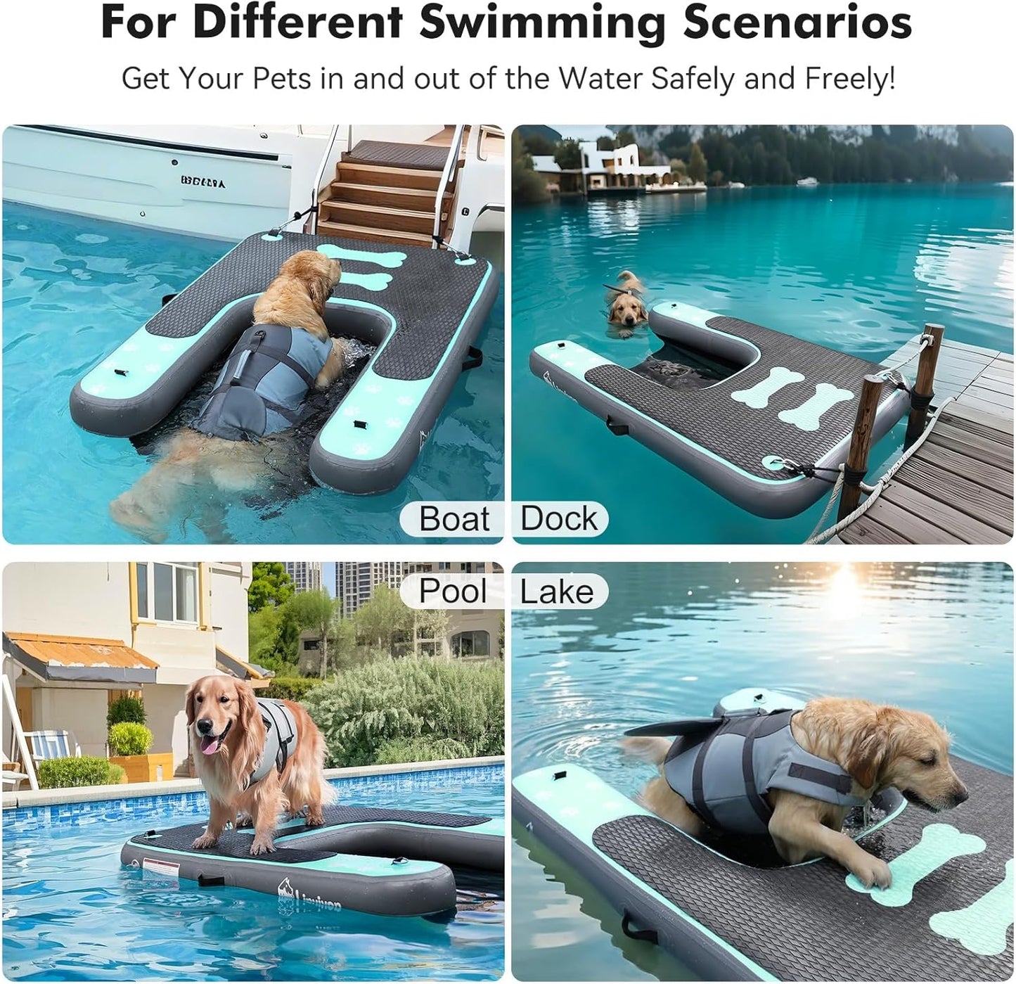 Inflatable Dog Boat Ramp for Dogs Up to 240 lbs, Inflatable Dock Floating Platform with Anti-Slip EVA Foam Safe & Easy Water Access, Dog Ramp for Boat, Pools, Lakes, Boats, Docks, Green