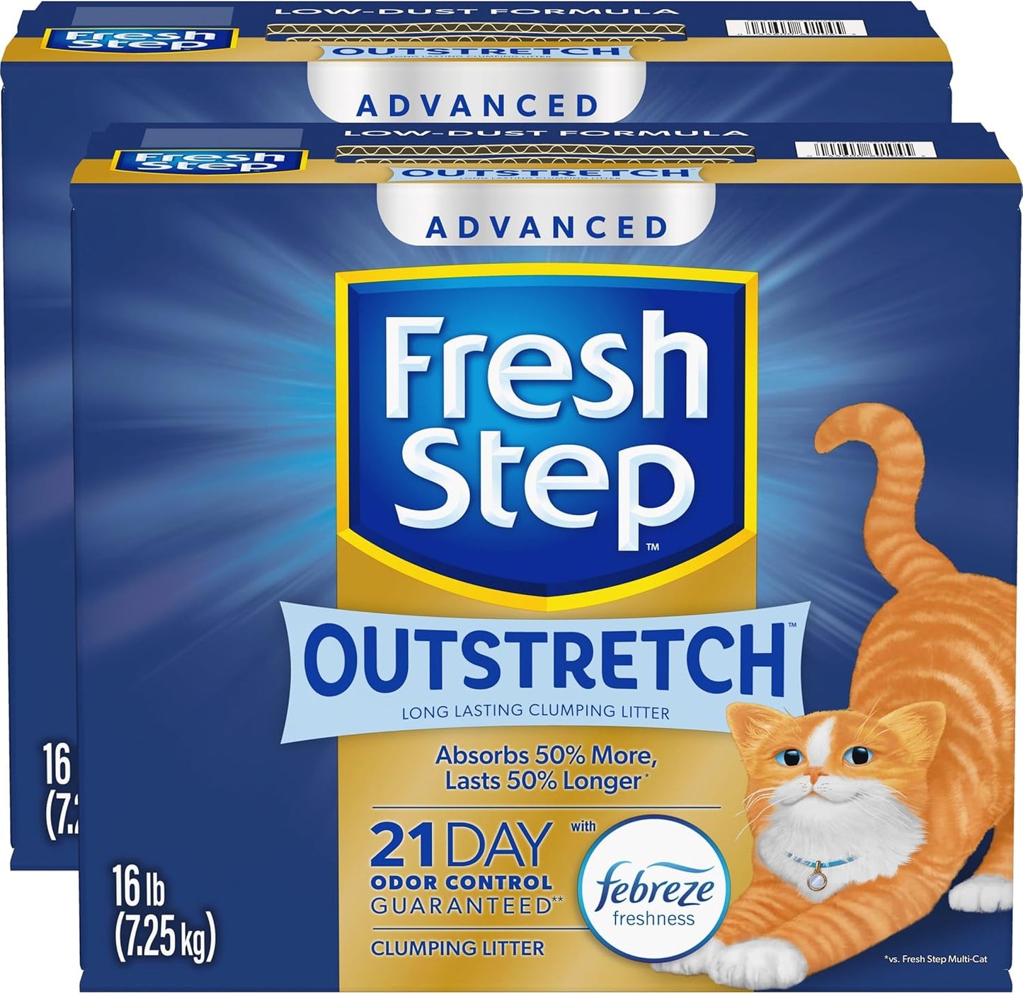 Fresh Step Outstretch Advanced Long Lasting Clumping Litter with Febreze Freshness, Activated Charcoal Litter Lasts 50% Longer, 32 lbs. (2 x 16 lb. Box)