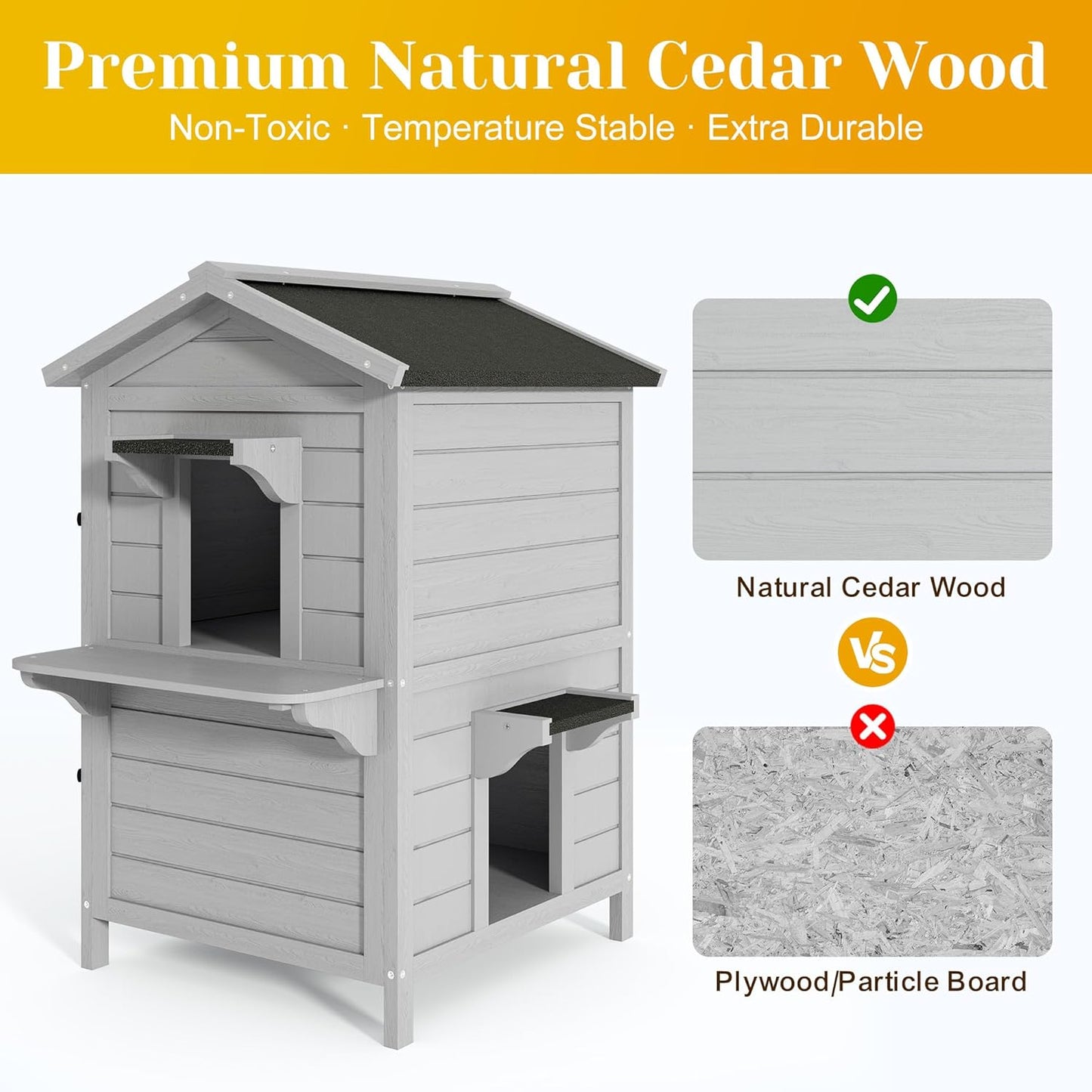 Outdoor Cat House Wooden Shelter: Large Weatherproof Pet Enclosure for Indoor or Feral Cats, 2-Tier Cat House for Outside Cats