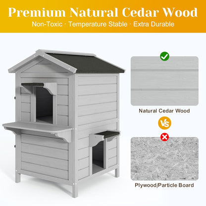 Outdoor Cat House Wooden Shelter: Large Weatherproof Pet Enclosure for Indoor or Feral Cats, 2-Tier Cat House for Outside Cats