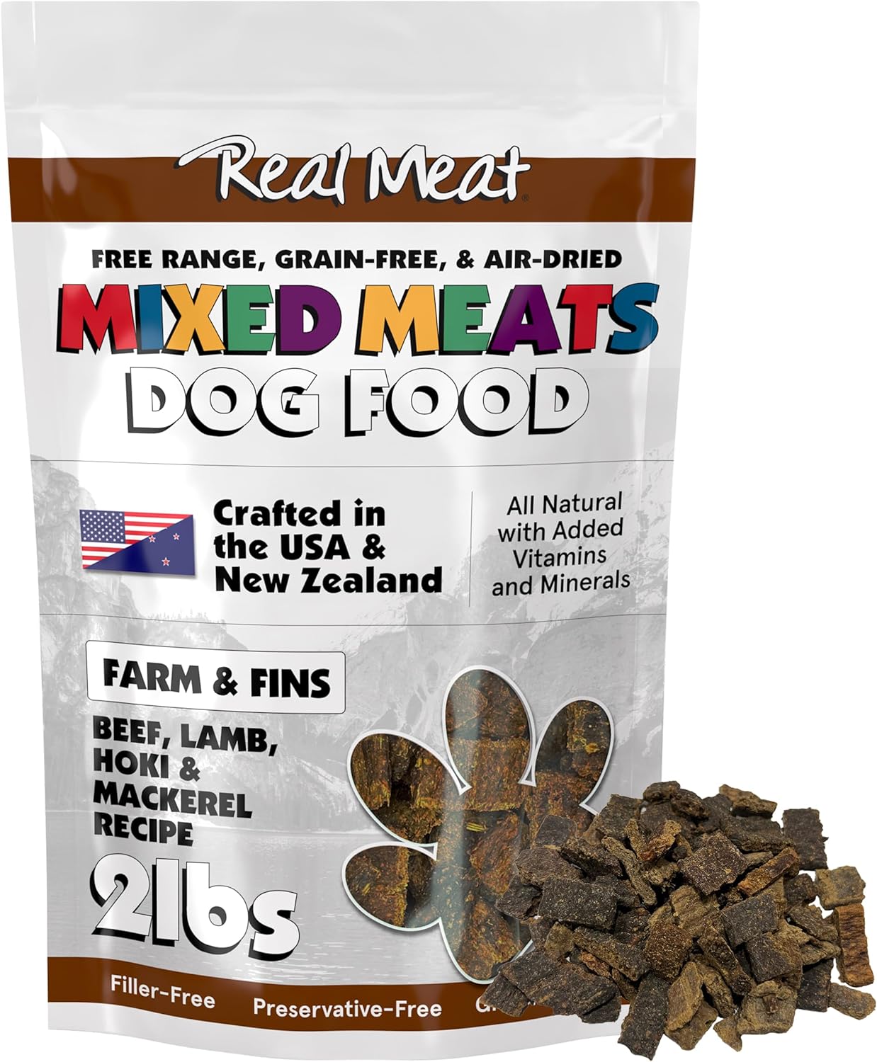 TRMC Mixed Meat Farm & Fins Air Dried Dog Food w/Real Beef, Lamb, Hoki, & Mackerel (Free from Poultry) - 2lbs of Grain-Free, High-Protein, Real Meat Dog Food for Dogs of Any Age & Size