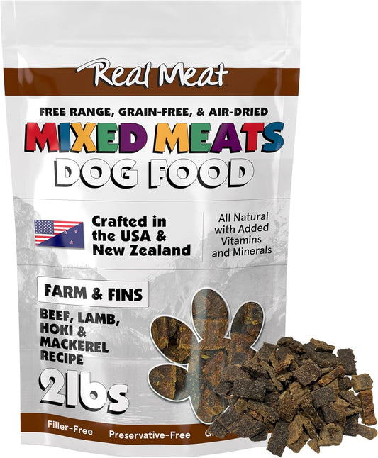 TRMC Mixed Meat Farm & Fins Air Dried Dog Food w/Real Beef, Lamb, Hoki, & Mackerel (Free from Poultry) - 2lbs of Grain-Free, High-Protein, Real Meat Dog Food for Dogs of Any Age & Size